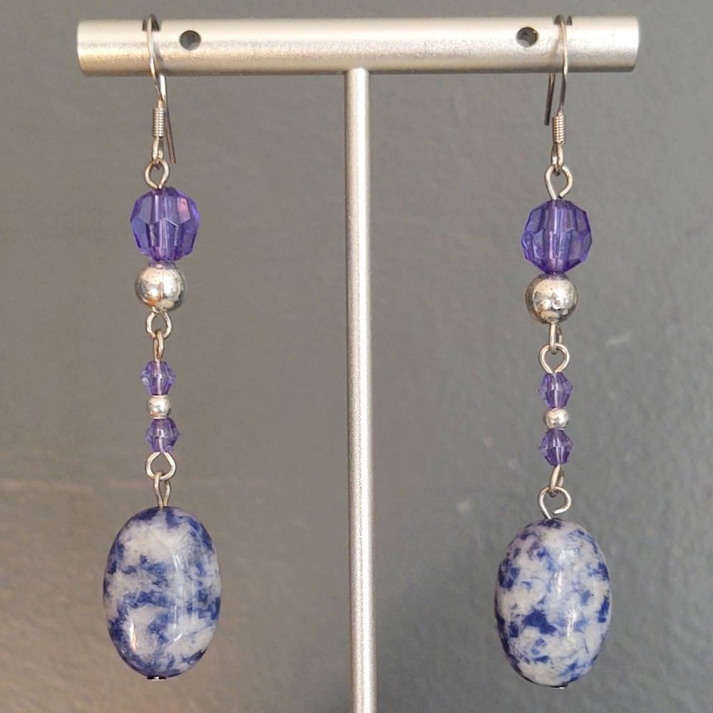 Blue mottled stone, bead & silver dangle earrings